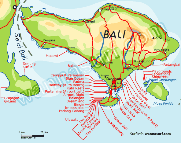 карта серф-спотов Бали